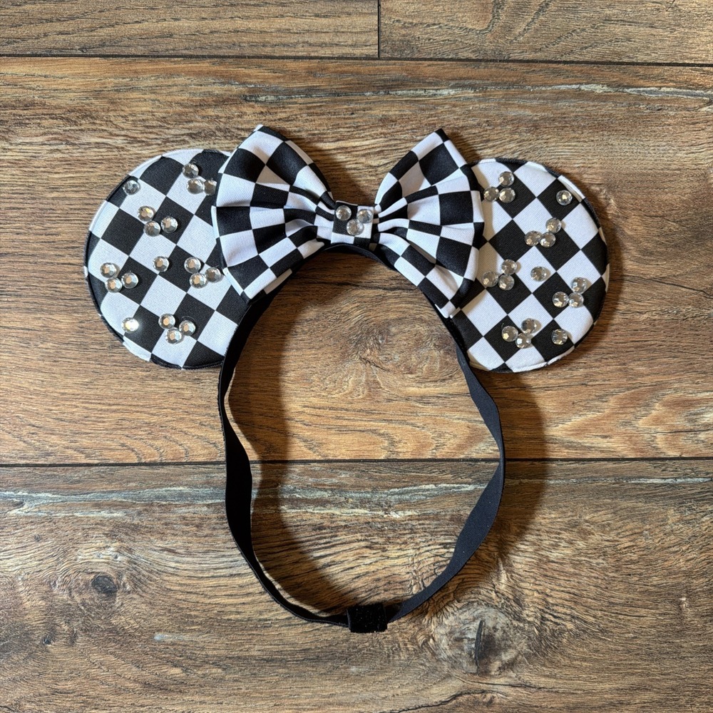 New Black & White Checkered Mouse Ears Headband Rhinestone Bow Racing Theme
